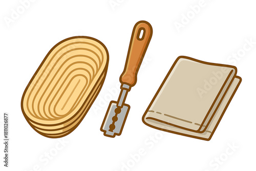 Artisan bread making tools set including proofing basket, dough scoring lame, and linen cloth