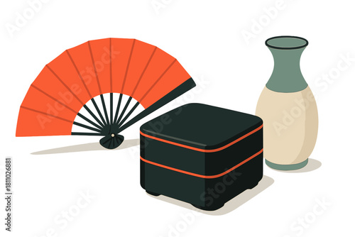 Traditional Japanese folding fan, black bento box, and ceramic sake bottle still life