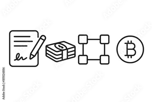 Business and finance symbols showing agreement, cash, decentralized network, and digital currency