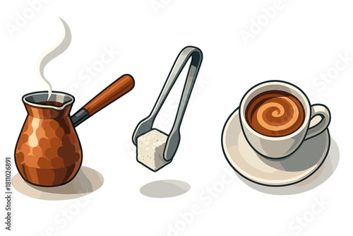 Traditional Turkish coffee brewing set with cezve, sugar tongs, and espresso cup