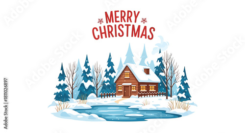 Cozy wooden cabin among snow-covered pine trees in a winter landscape with a frozen pond and Merry Christmas text