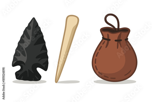 Ancient history artifacts set including stone arrowhead, primitive bone tool, and leather drawstring pouch