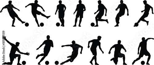 Soccer football player silhouette vector set, kicking, running, passing, sport action, athlete, championship, game, goal, dynamic movement.