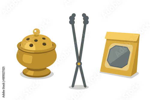 Traditional golden censer, tongs, and package of incense supplies for spiritual rituals