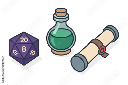 Isometric fantasy role-playing game items including a D20 die, magic potion, and scroll