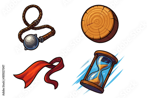 Stylized collection of game assets featuring a medieval flail, wood log cross section, red ribbon, and hourglass