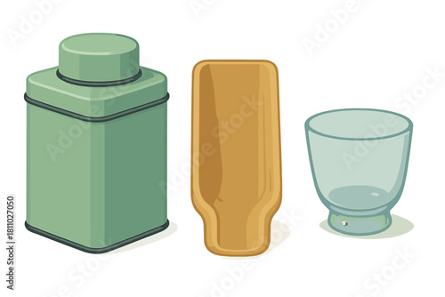 Tea storage container, wooden measuring scoop, and small glass drinking cup
