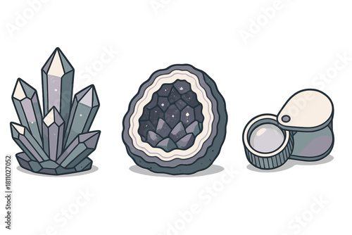 Raw quartz crystals, dark amethyst geode cross-section, and jeweler's loupe tool