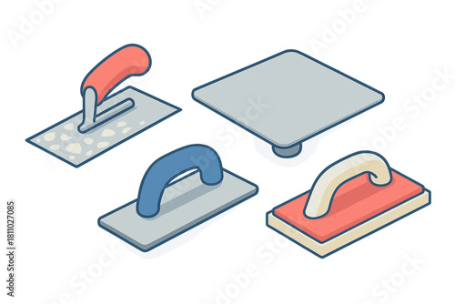 Isometric set of construction tools, plastering trowels, and floats for building renovation
