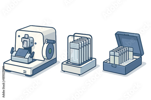 Essential histology laboratory instruments including microtome and slide storage