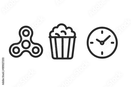 Minimalist line art icons of a fidget spinner, popcorn container, and analog clock