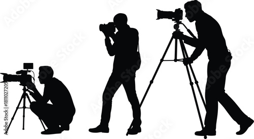 Videographer and photographer silhouette vector set, cameraman, tripod, video production, film shooting, media journalism, professional equipment.