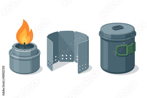 Essential outdoor cooking gear including lit alcohol stove, folding wind screen, and travel pot