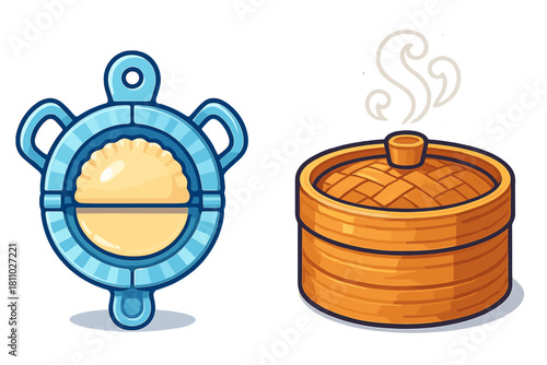 Blue plastic dumpling maker press tool next to a traditional wooden bamboo steamer basket with steam rising from the lid