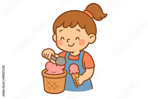 Cheerful young worker scooping pink ice cream dessert into a crispy cone