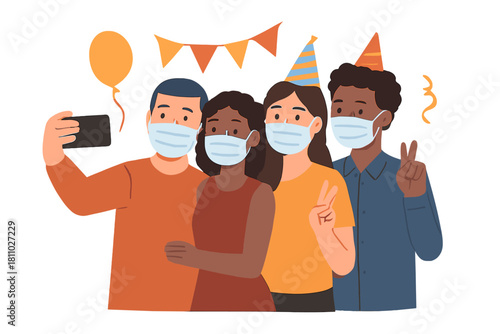 Diverse friends in face masks and party hats taking a group selfie with a mobile phone