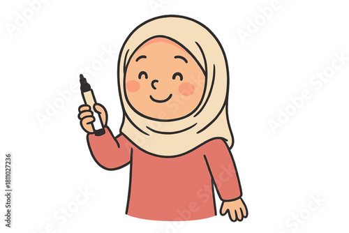 Smiling Muslim woman wearing hijab holding black marker pen ready to write on whiteboard