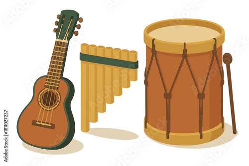 Collection of traditional South American folk music instruments: guitar, pan flute, drum