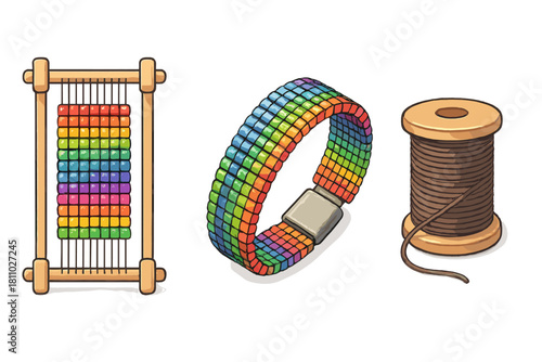Wooden loom, colorful bracelet, thread spool, and bead weaving tools set