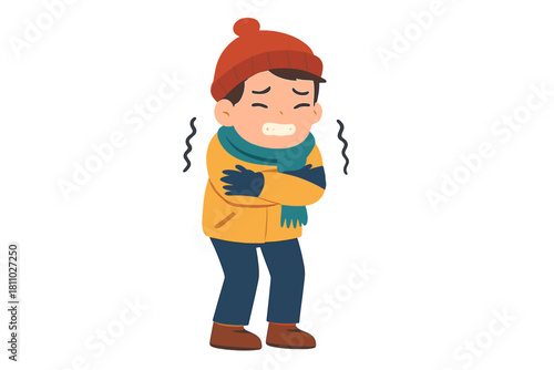Young person shivering intensely while wearing colorful winter clothes like a beanie, scarf, and jacket