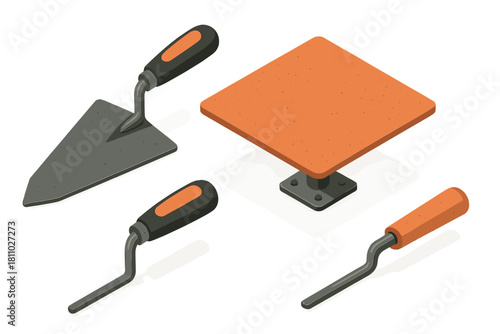 Isometric professional construction equipment set with various trowels and mortar hawk