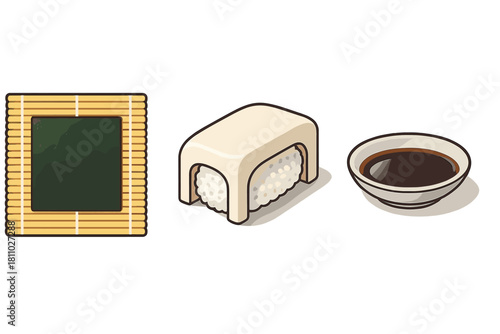 Japanese sushi ingredients and tools: rice, nori, bamboo rolling mat, and soy sauce