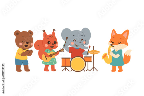 Joyful woodland creatures forming a musical band and playing guitar drums and saxophone
