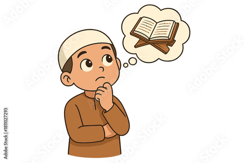 Muslim child wearing a cap contemplating the holy book on a wooden reading stand