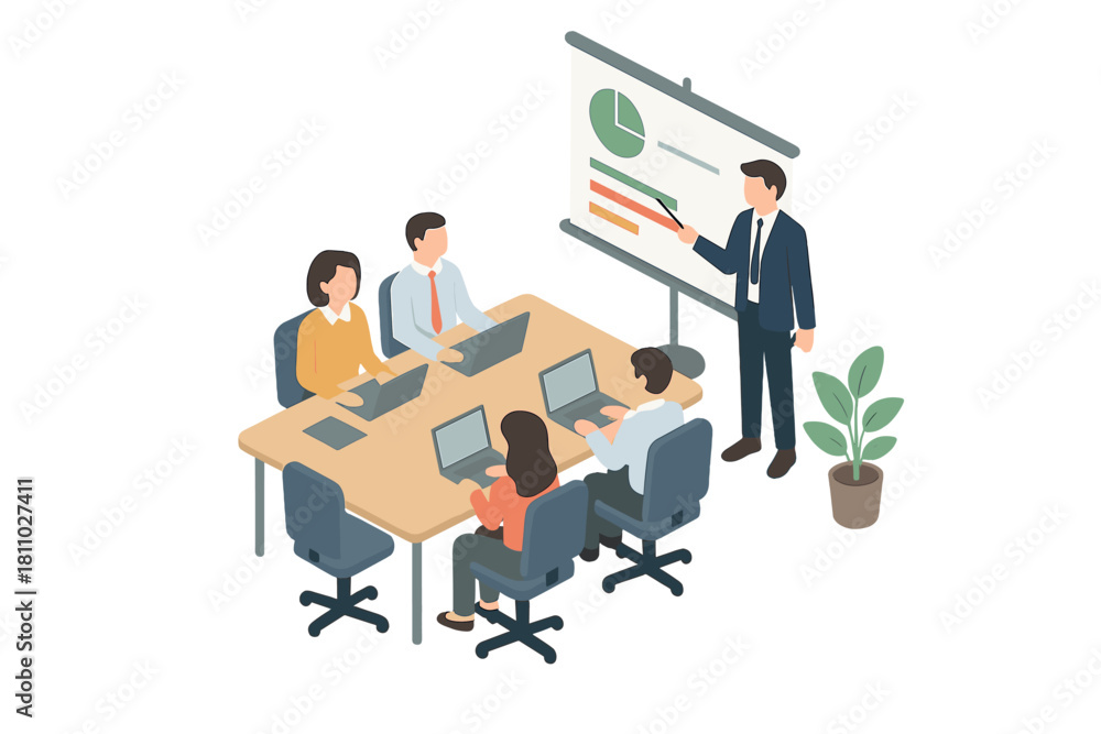 Fototapeta premium Isometric business meeting with presentation and laptops at conference table