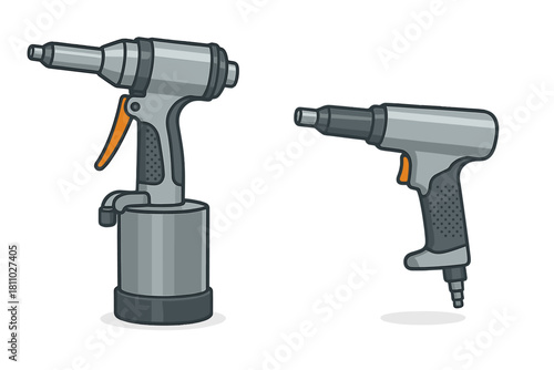 Two different types of pneumatic rivet guns used for industrial fastening and construction work