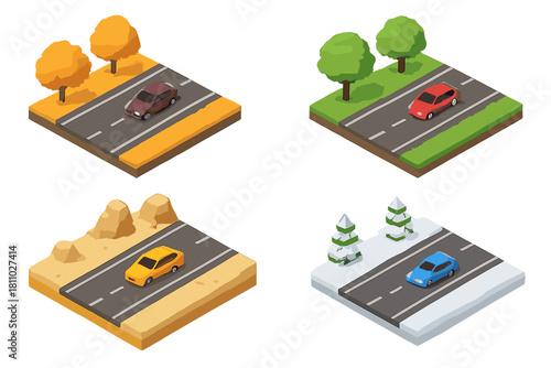 Isometric road segments showing seasonal landscape variations with cars