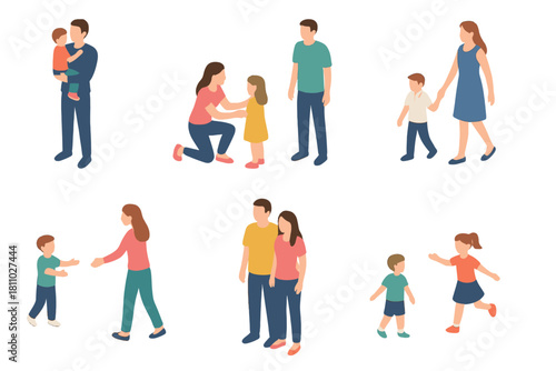 Isometric diverse family figures interacting and showing connection