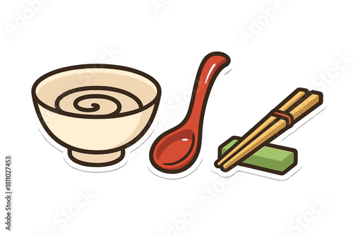 Asian food utensils set featuring a bowl of soup, red spoon, and chopsticks on a holder