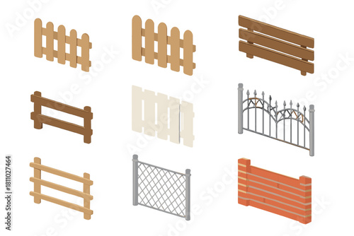 Isometric collection of various fence and barrier sections for landscape design