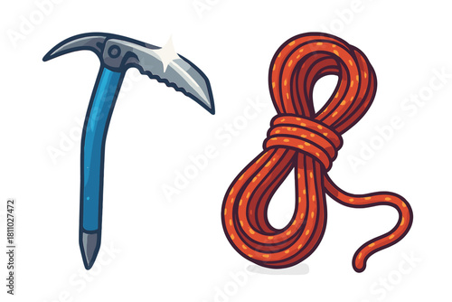Essential mountaineering gear including a blue ice axe and an orange coiled safety rope
