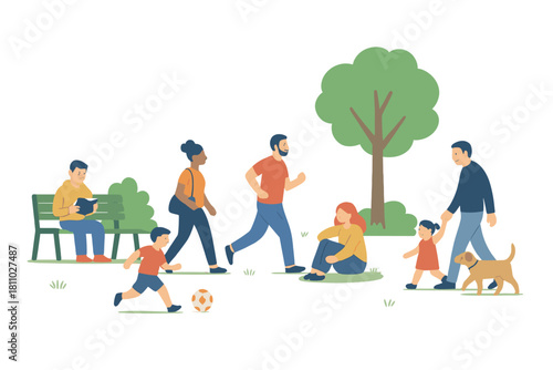 Diverse group enjoying various leisure activities in a sunny park setting