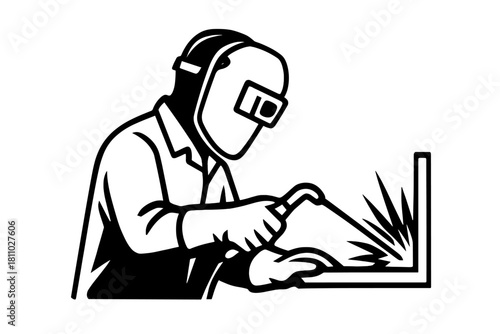 Welder joining metal pieces with protective mask and bright sparks