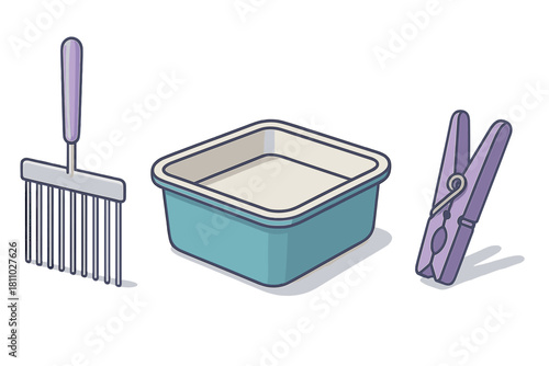 Essential cleaning tools for pet litter box maintenance including a scoop, tray, and clothespin