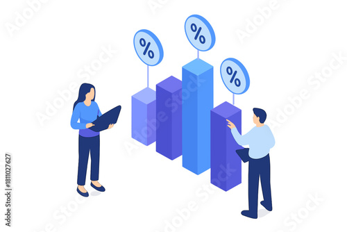 Isometric business professionals analyzing financial bar chart data