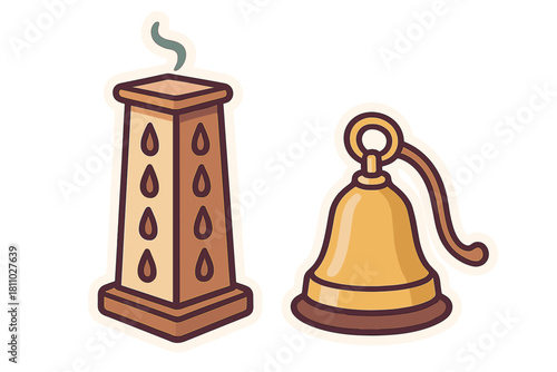 Aromatic incense burner and golden temple bell used in religious rituals