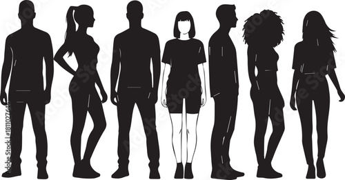 Black vector silhouettes of diverse young adult people standing, full length, isolated on white background