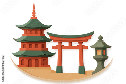 Traditional Japanese architecture with pagoda, Torii gate, and stone lantern paper cut design