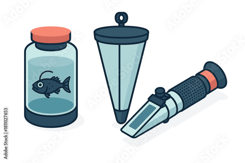 Scientific tools for marine biology research with fish specimen and testing device