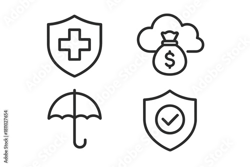 Outline symbols for insurance, health, financial security, and protection concepts