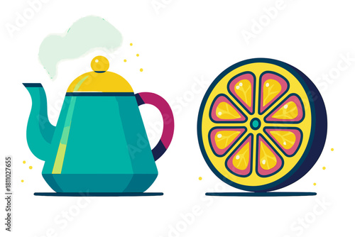 Vibrant stylized teapot with steam beside a colorful sliced citrus fruit on white