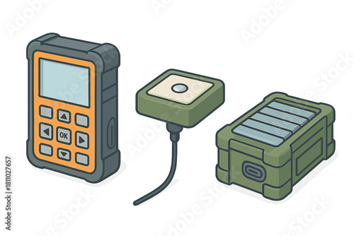 Durable outdoor navigation gear set with GPS receiver, remote sensor, and power supply