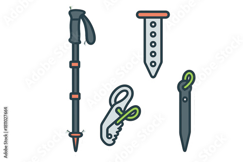 Essential climbing and trekking gear set with pole, ice screw, and snow grip