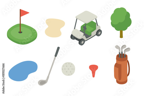 Isometric golf course elements set featuring flag, cart, and clubs
