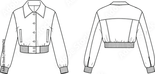 Cropped bomber jacket technical flat sketch front and back view, button closure, welt pockets, ribbed cuffs and waistband, CAD drawing vector, fashion illustration