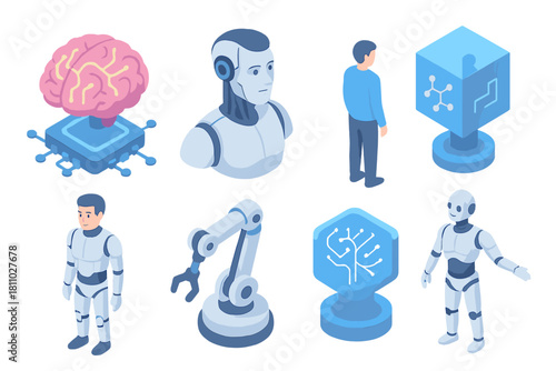 Isometric icons set of artificial intelligence robotics and human interaction elements